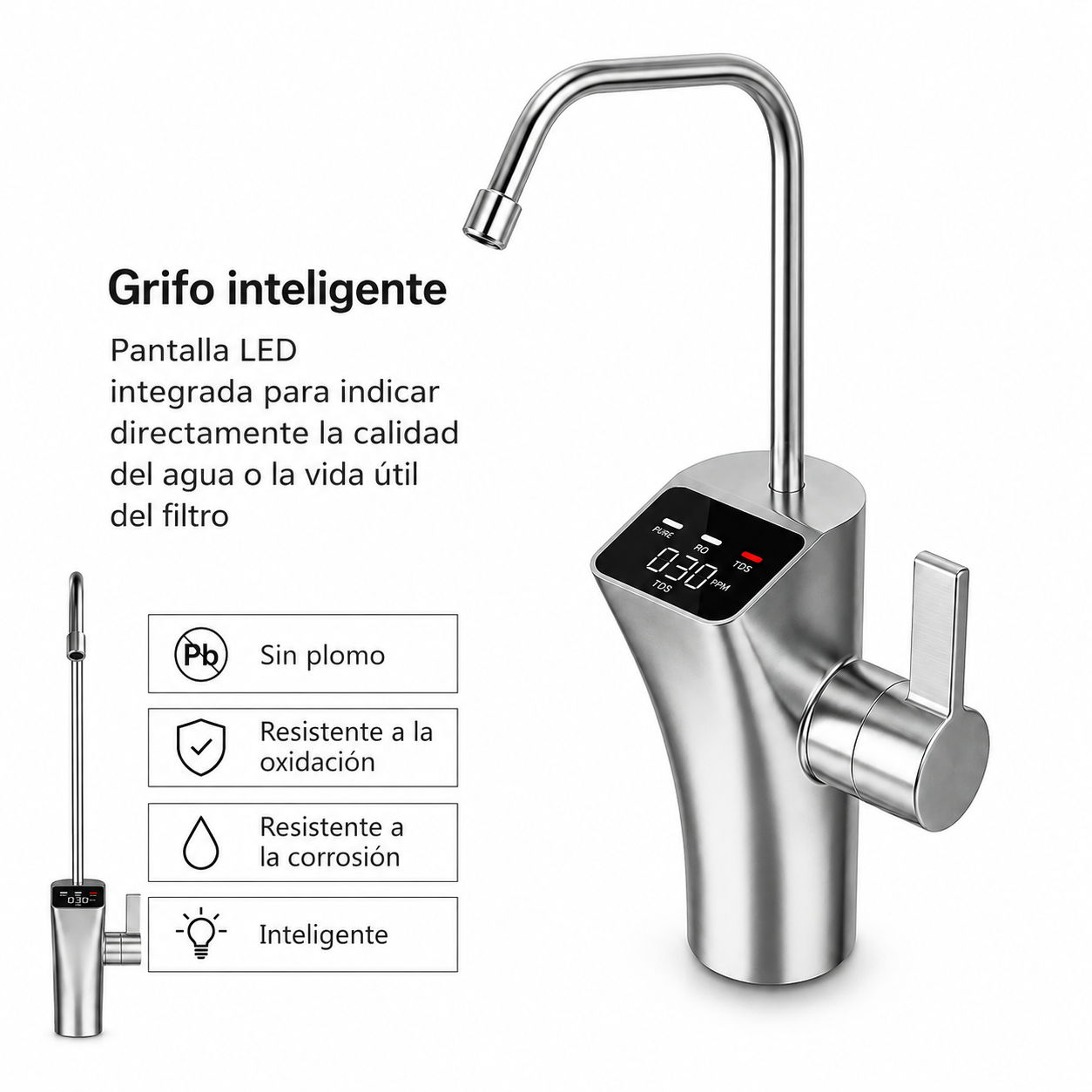 Grifo de Ósmosis con Pantalla Digital TDS Cuello de Cisne | Acero Inoxidable
